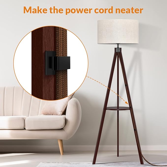 LEPOWER Tripod Floor Lamp, Mid Century Wood Standing Lamp, Modern Design Shelf Floor Lamp for Living Room, Bedroom, Office, Flaxen Lamp Shade with E26 Lamp Base Walnut - LeafyLoom