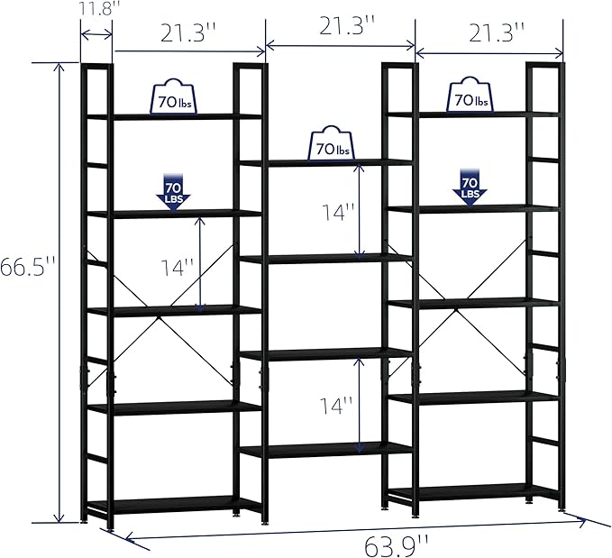 NUMENN Triple Wide 5 Tier Bookshelf, Rustic Industrial Style Bookcases and Bookshelves with 14 Open Display Shelves, Modern Tall Bookcase Furniture for Bedroom, Living Room and Home Office, Black - LeafyLoom