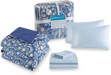 Comfort Spaces Girls Bed in A Bag Floral Comforter Set College Dorm Room Essentials, Complete Dormitory Bedroom Pack And Sheet with 2 Side Pocket Includes Extra Pillowcase Sets, Queen, Medallion Blue - LeafyLoom