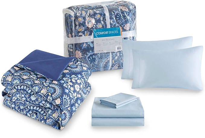 Comfort Spaces Girls Bed in A Bag Floral Comforter Set College Dorm Room Essentials, Complete Dormitory Bedroom Pack And Sheet with 2 Side Pocket Includes Extra Pillowcase Sets, Queen, Medallion Blue - LeafyLoom