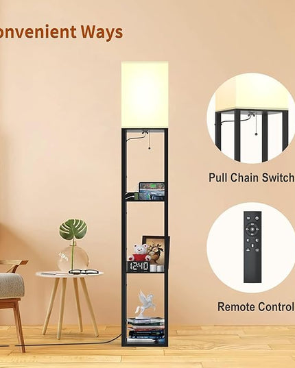 PAZZO Floor lamp with Shelves, Shelf Floor Lamp with Remote Control, Solid Wood with 2 Charging Ports and 1 Power Outlet, 4 Color Temperatures with Intelligence Bulb, Lamps for Livingroom, Bedroom - LeafyLoom