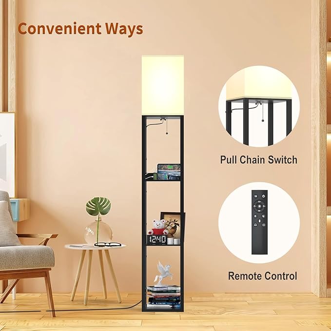 PAZZO Floor lamp with Shelves, Shelf Floor Lamp with Remote Control, Solid Wood with 2 Charging Ports and 1 Power Outlet, 4 Color Temperatures with Intelligence Bulb, Lamps for Livingroom, Bedroom - LeafyLoom