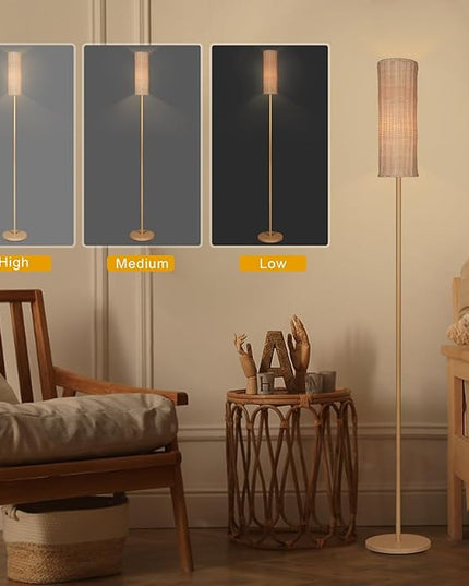Boho Floor Lamp with Cylindrical Rattan Lampshade, Torchiere lamp for Bedroom, Living Room, Corner Tall Floor Lamp with Dimmable Switch - LeafyLoom