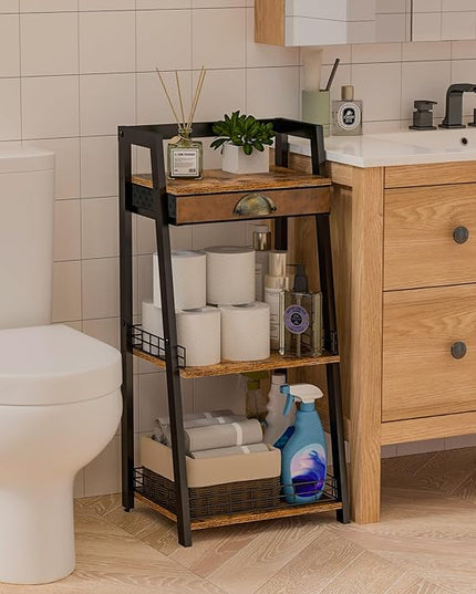 keomaisyto 3-Tier Bathroom Ladder Shelf, Bathroom Floor Storage Shelf with Drawer, Freestanding Tower Shelf, Open Shelving Unit for Bathroom Living Room Balcony - LeafyLoom