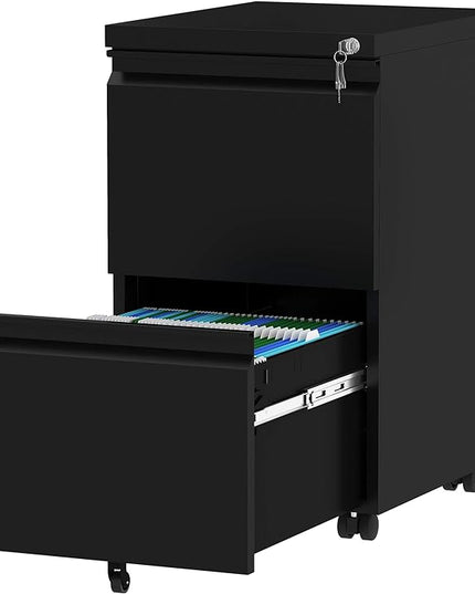 YITAHOME 2-Drawer Vertical File Cabinet with Lock, 20” Deep Mobile Metal Filing Cabinet for Legal/Letter Size, 20” Height Pre-Built Office Storage File Cabinet Except Wheels Under Desk - Black - LeafyLoom
