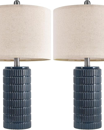 PoKat 23" Blue Table Lamp, Farmhouse Bedside Lamps for Bedroom Set of 2, Ceramic End Table Lamps for Living Room, Traditional Nightstand Desk Lamps, Medium - LeafyLoom