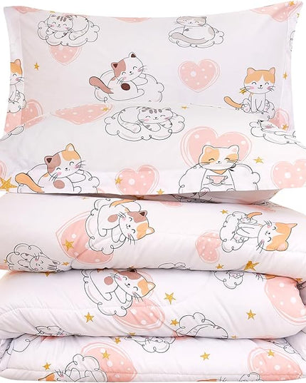 Cat Kids Comforter Set for Girls Full Size, Cute Quilted Pink Heart Printed Bedding Set with Pillow Sham, Lightweight Soft Breathable Machine Washable Bed Set 3 Piece - LeafyLoom