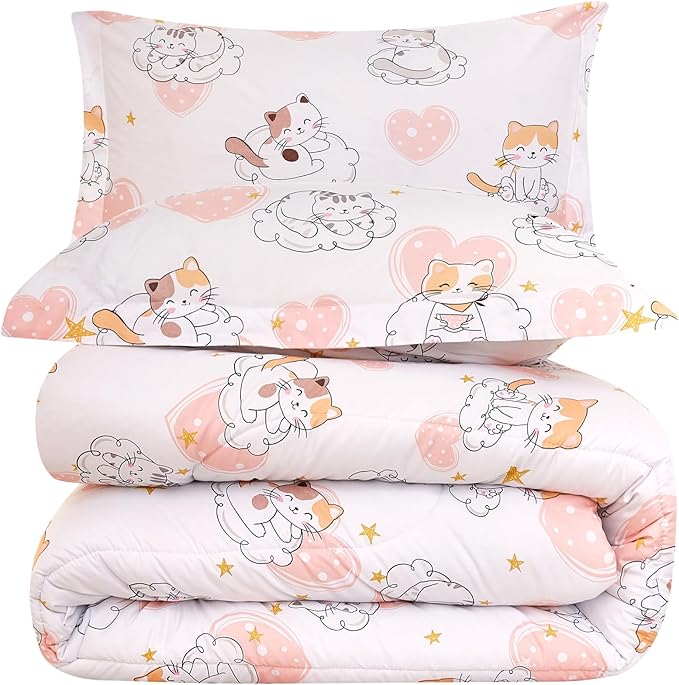 Cat Kids Comforter Set for Girls Full Size, Cute Quilted Pink Heart Printed Bedding Set with Pillow Sham, Lightweight Soft Breathable Machine Washable Bed Set 3 Piece - LeafyLoom
