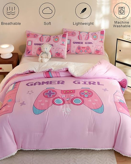 Video Game Queen Size Comforter Set for Girls Kids Teens 3D Gaming Controller Pattern Gamepad Print Bedding Set- 3 Piece Pink Quilt with 2 Pillowcases (90"x90") - LeafyLoom