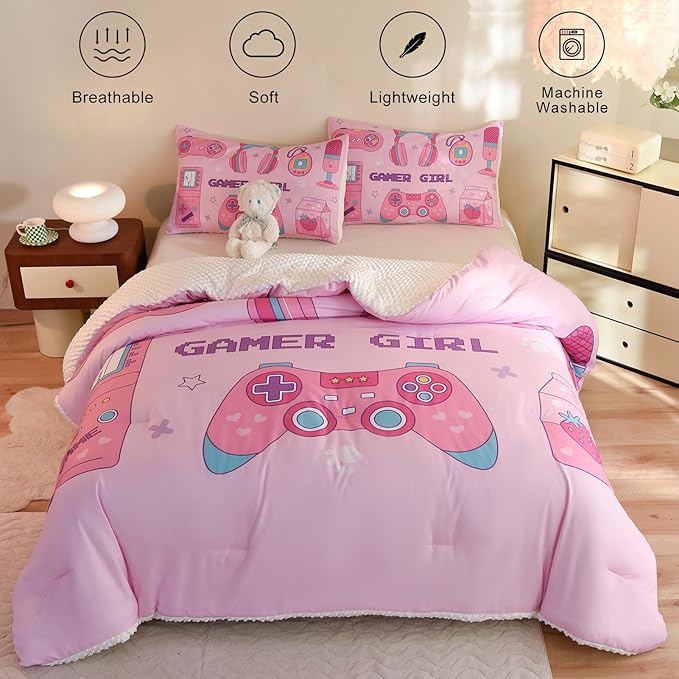 Video Game Queen Size Comforter Set for Girls Kids Teens 3D Gaming Controller Pattern Gamepad Print Bedding Set- 3 Piece Pink Quilt with 2 Pillowcases (90"x90") - LeafyLoom