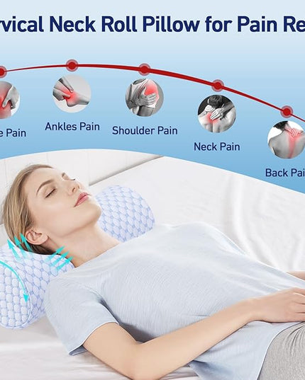Neck Roll Pillow for Sleeping - Round Cervical Neck Pillow with Cooling Pillowcase - Memory Foam Cylinder Bolster Pillow for Legs, Necks, Back, Lumbar, and Foot, 16x6.3 Inch (Cool Blue) - LeafyLoom