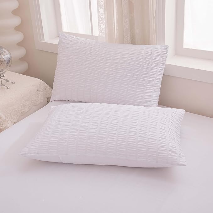 Seersucker Light White Bed Comforter Sets Queen Size for Women Boho White Seersucker Bedding Set 5 Pieces-Microfiber Lightweight Soft Bed Set for All Season,Queen - LeafyLoom