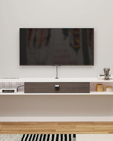 Floating TV Unit, 47'' Wall Mounted TV Cabinet, Floating Shelves with Door, Modern Entertainment Media Console Center Large Storage TV Bench for Living Room & Office (47.24IN, Grey White) - LeafyLoom