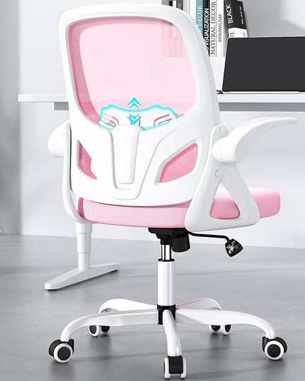 Office Desk Chair with Lumbar Support Ergonomic Mesh Office Chair with Wheels and Flip-up Armrests Adjustable Height Swivel Computer Chair for Home and Office (Pink) - LeafyLoom