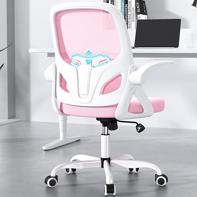 Office Desk Chair with Lumbar Support Ergonomic Mesh Office Chair with Wheels and Flip-up Armrests Adjustable Height Swivel Computer Chair for Home and Office (Pink) - LeafyLoom
