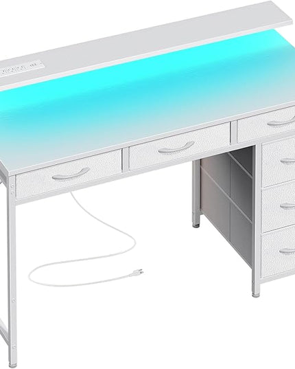 Gaming Desk with 6 Drawers, Computer Desk with LED Lights Power Outlets and Type-C, 39 Inch Office Desk with Storage, Monitor Stand, Writing Desk Work Desk Home Office, Bedroom, Study, White - LeafyLoom