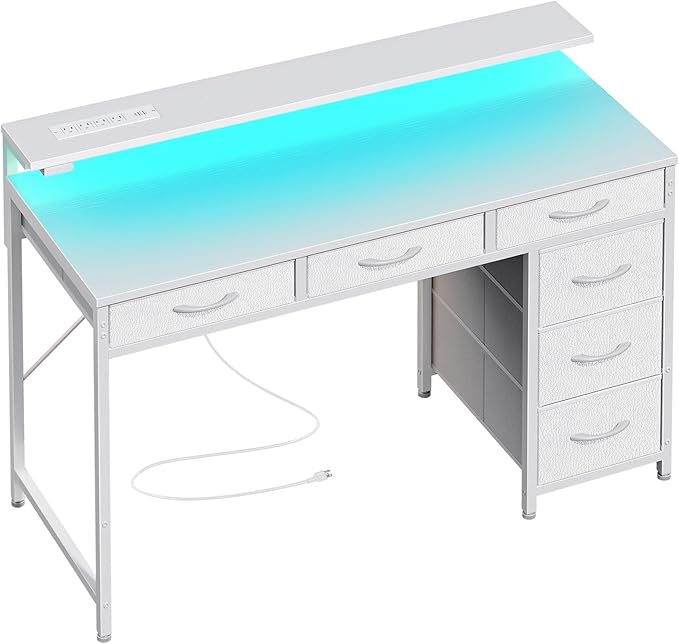 Gaming Desk with 6 Drawers, Computer Desk with LED Lights Power Outlets and Type-C, 39 Inch Office Desk with Storage, Monitor Stand, Writing Desk Work Desk Home Office, Bedroom, Study, White - LeafyLoom