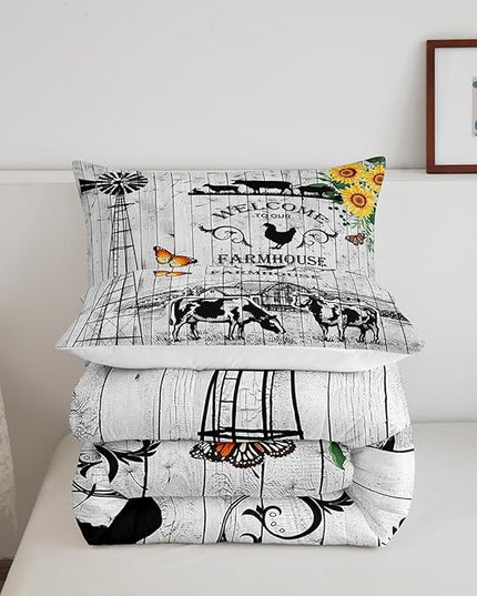 Rustic Windmill Bedding Comforter Sets Cowboys Farmhouse Comforter Set Twin Size, Western Farm Barn Door Bedding for Girls Boys Teens Sunflower Floral Western Cow Theme Quilt with 1 Pillowcase, Twin - LeafyLoom
