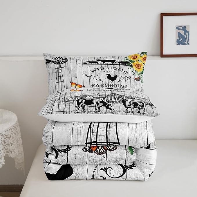 Rustic Western Comforter Set, Western Cow Bull Bedding Queen For Boys Teens Youth, Tribal Windmill Farmhouse Southwestern Bedding Comforter Sets for Women Men, Woodland Animals Quilt, 2 Pillowcases - LeafyLoom