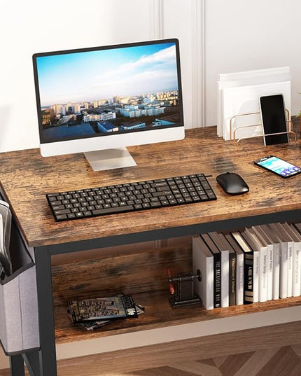 DKLGG Small Computer Desk Study Table, 43 Inch Home Office Laptop Table for Small Spaces, Modern Work Writing Table with Storage Bag & Headphone Hook, Rustic Brown - LeafyLoom