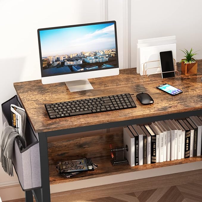 DKLGG Small Computer Desk Study Table, 43 Inch Home Office Laptop Table for Small Spaces, Modern Work Writing Table with Storage Bag & Headphone Hook, Rustic Brown - LeafyLoom