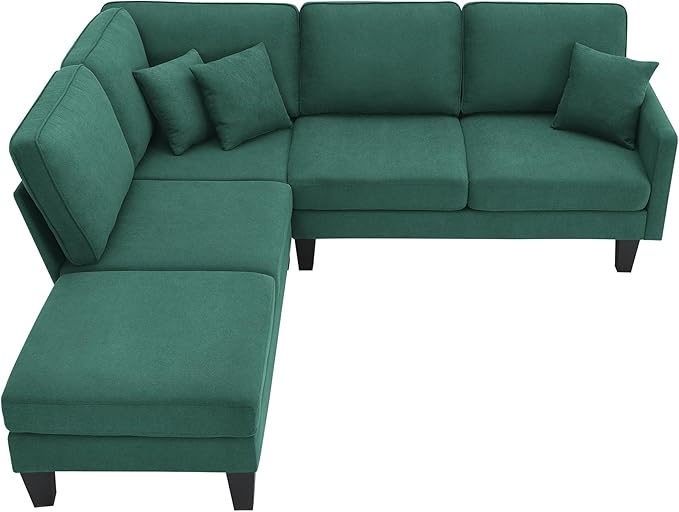 90" Modern L-Shape Sectional Sofa with Chaise Lounge,5-Seat Practical Couch Set W/ 3 Pillows,7''Leg Height,Minimalist Style,Indoor Furniture for Living Room Apartment Office,Green Terrycloth - LeafyLoom