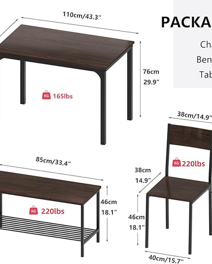 SogesHome Home Kitchen Table Set for 4, Compact Dining Table Chair Set, 4 Pieces Table Chair Bench Set for Small Place, Apartment, Dark Walnut - LeafyLoom