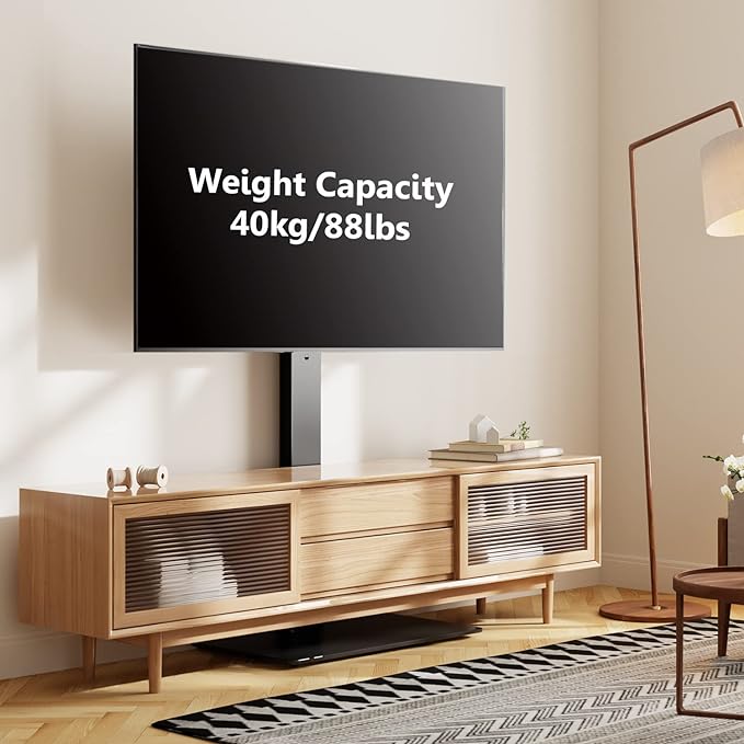 FITUEYES Swivel Floor TV Stand with Mount for TVs 37 43 50 55 60 65 70 75 Inch LCD LED Flat/Curved Screens Universal Swivel Televisions TV Mount Stand for Bedroom Living Room Black Tempered Glass Base - LeafyLoom