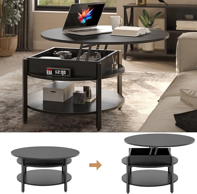 FABATO Round Lift Top Coffee Table with Storage and Hidden Compartment, 26.77'' Farmhouse Coffee Table for Living Room Reception Room, 2 Tier Small Round Coffee Table Circle Dining Table, Black - LeafyLoom