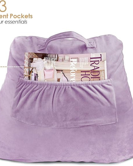 Clara Clark Reading Pillow, Standard Back Pillow for Sitting Up in Bed, Memory Foam Back Support Pillow, Reading Pillows for Sitting in Bed Lavender Sit Up Pillow for Bed Chair Arm Pillow with Pockets - LeafyLoom