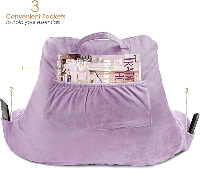 Clara Clark Reading Pillow for Kids, Small Back Pillow for Sitting Up in Bed, Memory Foam Back Support Pillow, Reading Pillows for Sitting in Bed, Lavender Gaming Pillow for Bed with Arms and Pockets - LeafyLoom