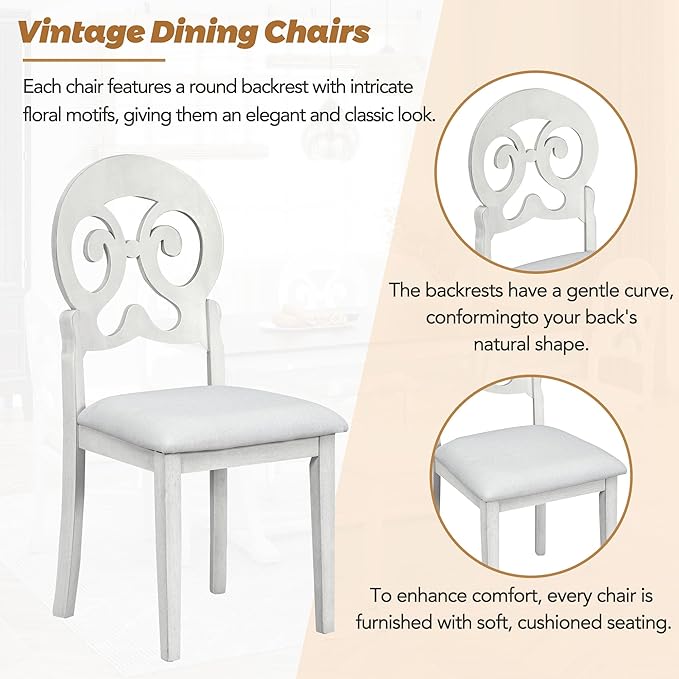 Mid-Century Trestle Victorian Round Upholstered 4 Chairs and Long Bench, Easy Assembly and Clean, Rubber Wood, Room, 6 Piece Dining Table Set, Antique White 2 - LeafyLoom