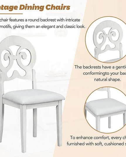 Dining Table Set for 6, Mid-Century 6-Piece Dining Room Table Set with Victorian Round Upholstered Dining Chairs and Long Bench, Kitchen Table Set for Living Room, Cherry+Antique White - LeafyLoom