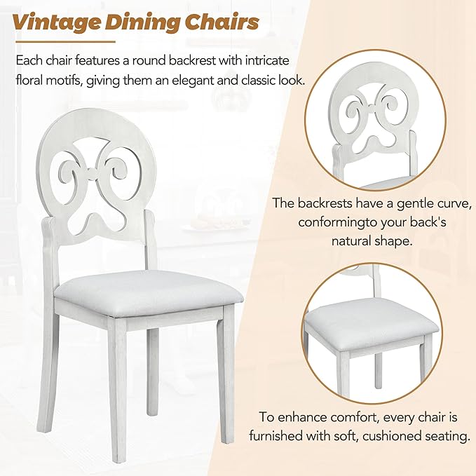 Dining Table Set for 6, Mid-Century 6-Piece Dining Room Table Set with Victorian Round Upholstered Dining Chairs and Long Bench, Kitchen Table Set for Living Room, Cherry+Antique White - LeafyLoom