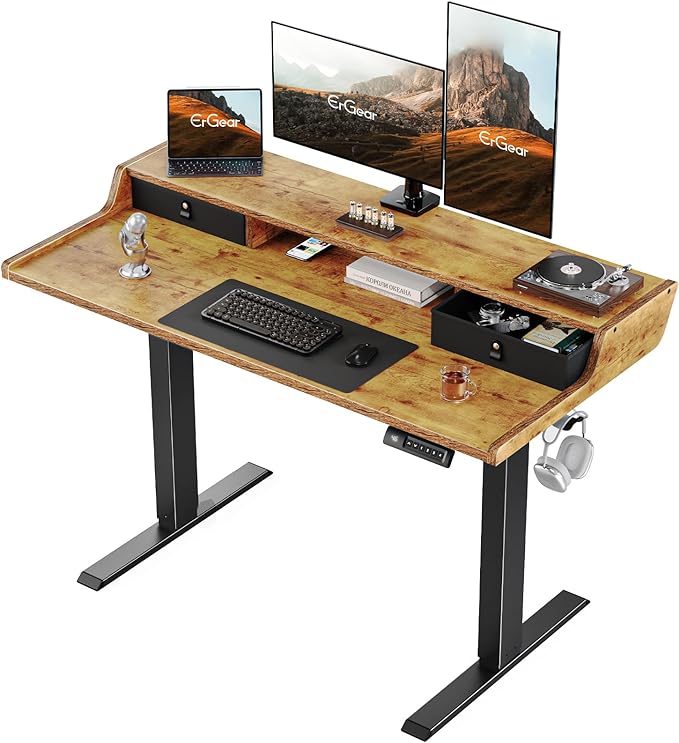 ErGear Electric Standing Desk with Drawers, 48″ x 24″ Gaming Desk with Monitor Stand, C-Clamp Mount Compatible, Home Office Height-Adjustable Desk with Storage Shelf, 4 Preset Heights, Vintage Brown - LeafyLoom
