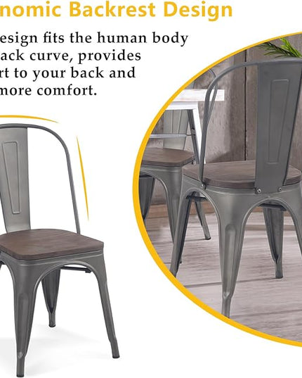 YOUNIKE Metal Dining Chairs Set of 4 Iron Stackable Removable Back Wood Seat Patio Chairs Rubber Feet Stylish Modern Indoor Outdoor Classic Chic Industrial Vintage Bistro Kitchen Rusty Grey - LeafyLoom