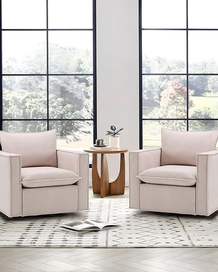 Swivel Accent Chair Set of 2, 34 Inches Wide Upholstered Arm Chair with Plump Back Pillow, Modern Sofa Living Room Chair for Bedroom, Corner, Reading Nook-Camel - LeafyLoom