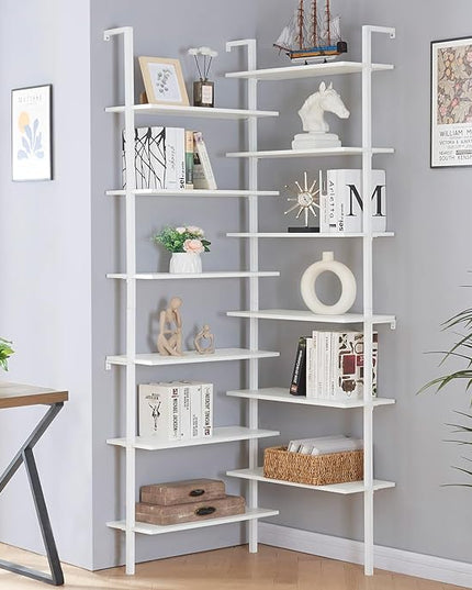HOMISSUE Corner Bookshelf,12-Tier L Shaped Bookshelf, Double Wide Corner Wall Mount Bookcase with Metal Frame and Wood,Modern Industrial Corner Shelf for Living Room, Kitchen, Home Office White - LeafyLoom