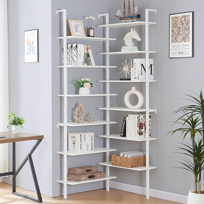HOMISSUE Corner Bookshelf,12-Tier L Shaped Bookshelf, Double Wide Corner Wall Mount Bookcase with Metal Frame and Wood,Modern Industrial Corner Shelf for Living Room, Kitchen, Home Office White - LeafyLoom