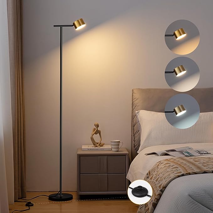 Floor Lamps for Living Room, 3 Color Temperatures Minimalist Floor Lamp with Flexible Lamp Cap,Modern Tall Floor Lamp for Bedroom, Foot Switch, Standing Reading Lamp for Office Working - LeafyLoom