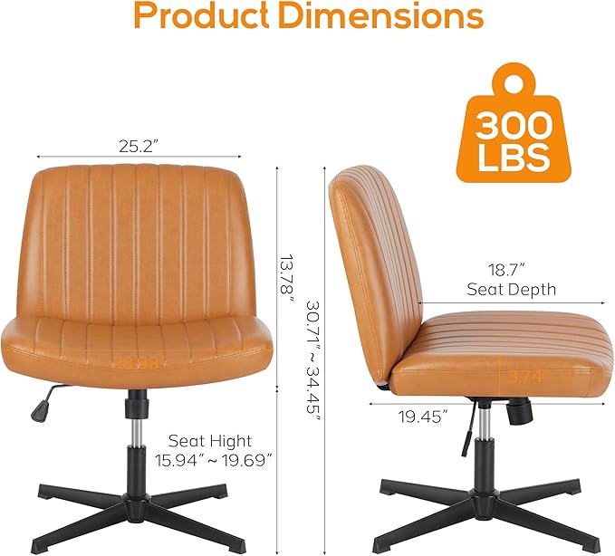 Criss Cross Chair, Cross Legged Office Chair, Wide Comfty Desk Chair, No Wheels Armless Computer Task Chair, Swivel Vanity Home Chair, Height Adjustable - LeafyLoom