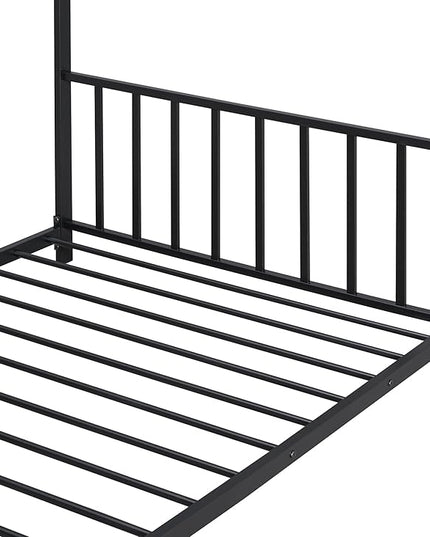 Twin Size Kids Montessori Floor Bed,House Bed Frame with High Headboard,Twin Floor Bed with Roof for Boys Girls,Floor Bed Metal Frame (Black) - LeafyLoom