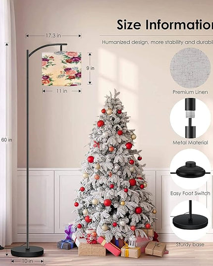 Modern Arc Floor Lamp with Dimmer Mid Century Violet Orange Blue Flowers Green Leaves Bunches White Metal Standing Lamp with Linen Shade Footswitch for Living Room Bedroom Office - LeafyLoom