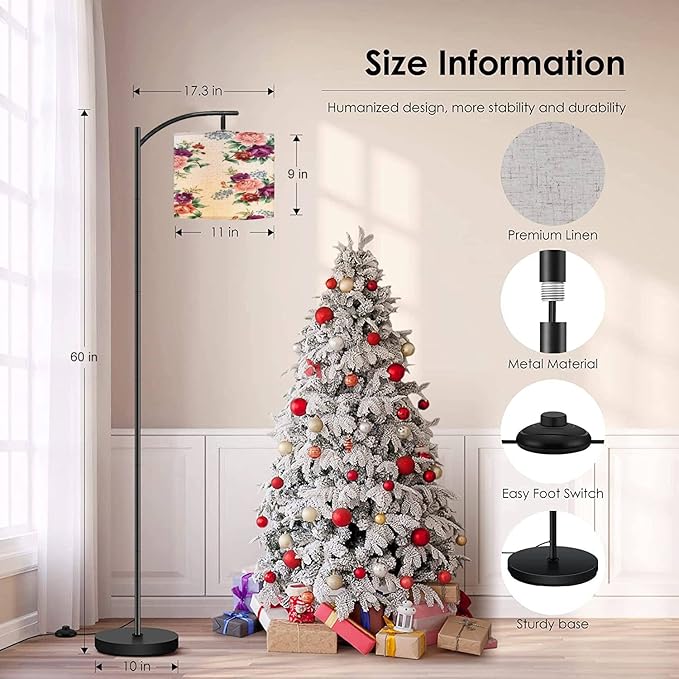 Modern Arc Floor Lamp with Dimmer Mid Century Violet Orange Blue Flowers Green Leaves Bunches White Metal Standing Lamp with Linen Shade Footswitch for Living Room Bedroom Office - LeafyLoom