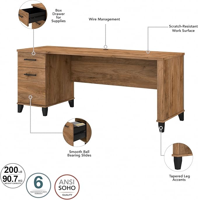 Bush Furniture Somerset Computer Drawers | Office Home Workspace | Large Desk, 72W, Fresh Walnut - LeafyLoom