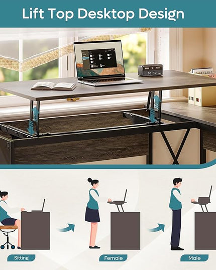 Bestier Lift Top L Shaped Desk with File Drawer, 55'' x 55'' Office Desk with Reversible Storage Drawers, L Shaped Standing Desk with Computer Monitor Stand (Retro Grey Oak Dark, 55'' x 55'') - LeafyLoom