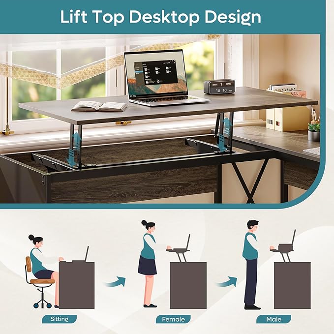 Bestier Lift Top L Shaped Desk with File Drawer, 55'' x 55'' Office Desk with Reversible Storage Drawers, L Shaped Standing Desk with Computer Monitor Stand (Retro Grey Oak Dark, 55'' x 55'') - LeafyLoom