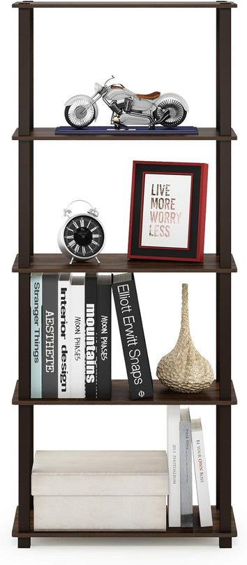 Furinno Turn-N-Tube 5-Tier Multipurpose Shelf / Display Rack / Storage Shelf / Bookshelf, Square Tubes, Walnut/Brown - LeafyLoom