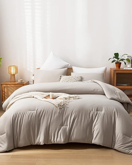 3PCS Boho Full Size Comforter Set Tannish Grey Farmhouse Bed Comforter for Teen Women and Men Reversible Warm Washable Microfiber Comforter for All Season - LeafyLoom