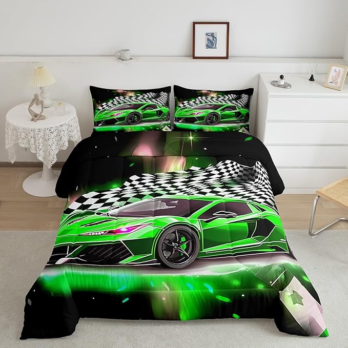 Feelyou Race Car Bedding Set Queen Size,Boys Extreme Sports Comforter Set for Kids Boys Car Racing Gifts,Green Cool Car Comforter Car Sports Quilt Set 1 Comforter with 2 Pillowcase Car Racing Gifts - LeafyLoom